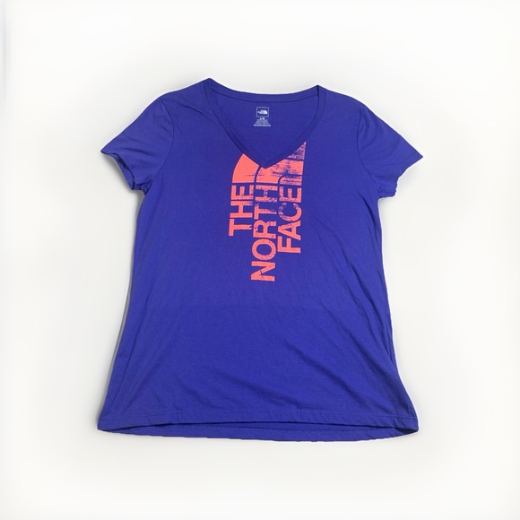 The North Face Women L Short Sleeve V-Neck Purple Tee Shirt Pink Spellout Cotton - Picture 1 of 7